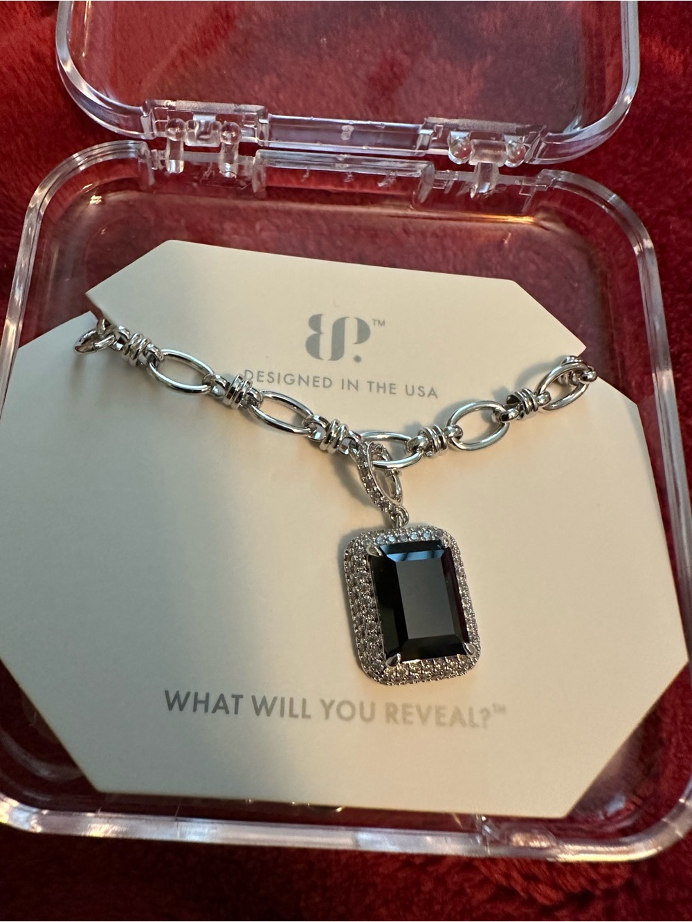 Jewel Silver Chain Necklace with Black Crystal Pendant